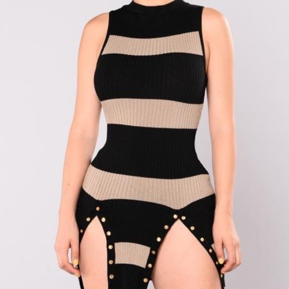 FashionnNova Black and Tan Stripe Dress in Size L